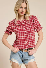 Load image into Gallery viewer, Mimosa - Plaid Ruffle Collar Button Up Blouse: Dusty Blue / L