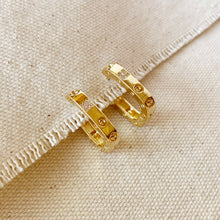 Load image into Gallery viewer, GoldFi - 18k Gold Filled Medium Rectangular Clicker Hoop Earrings With Cubic Zirconia Detail