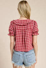 Load image into Gallery viewer, Mimosa - Plaid Ruffle Collar Button Up Blouse: Dusty Blue / S