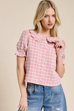Load image into Gallery viewer, Mimosa - Plaid Ruffle Collar Button Up Blouse: Dusty Blue / M