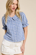 Load image into Gallery viewer, Mimosa - Plaid Ruffle Collar Button Up Blouse: Dusty Blue / M