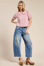 Load image into Gallery viewer, Mimosa - Plaid Ruffle Collar Button Up Blouse: Dusty Blue / M