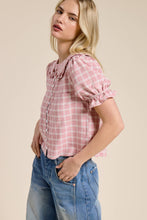 Load image into Gallery viewer, Mimosa - Plaid Ruffle Collar Button Up Blouse: Dusty Blue / M