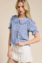Load image into Gallery viewer, Mimosa - Plaid Ruffle Collar Button Up Blouse: Dusty Blue / S