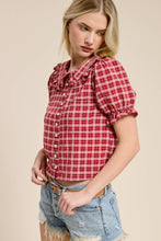Load image into Gallery viewer, Mimosa - Plaid Ruffle Collar Button Up Blouse: Dusty Blue / S