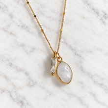 Load image into Gallery viewer, Aquamarine Quartz, Moonstone, CZ Baguette Necklace: Moonstone