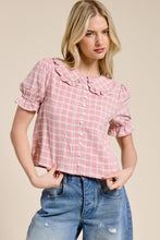 Load image into Gallery viewer, Mimosa - Plaid Ruffle Collar Button Up Blouse: Dusty Blue / M