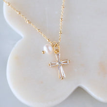 Load image into Gallery viewer, Pearl CZ Cross Necklace
