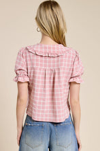 Load image into Gallery viewer, Mimosa - Plaid Ruffle Collar Button Up Blouse: Dusty Blue / M