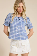 Load image into Gallery viewer, Mimosa - Plaid Ruffle Collar Button Up Blouse: Dusty Blue / M