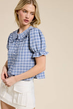 Load image into Gallery viewer, Mimosa - Plaid Ruffle Collar Button Up Blouse: Dusty Blue / M