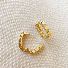 Load image into Gallery viewer, GoldFi - 18k Gold Filled Medium Rectangular Clicker Hoop Earrings With Cubic Zirconia Detail