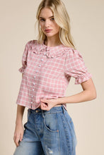 Load image into Gallery viewer, Mimosa - Plaid Ruffle Collar Button Up Blouse: Dusty Blue / L