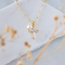 Load image into Gallery viewer, Pearl CZ Cross Necklace