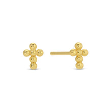 Load image into Gallery viewer, Splendid Iris - Petite Dot Cross Stud Earrings on Red Velvet Tag: Gold