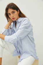 Load image into Gallery viewer, Be Cool - OVERSIZED STRIPED CHAMBRAY BUTTON DOWN SHIRT: Dusty Blue / ML
