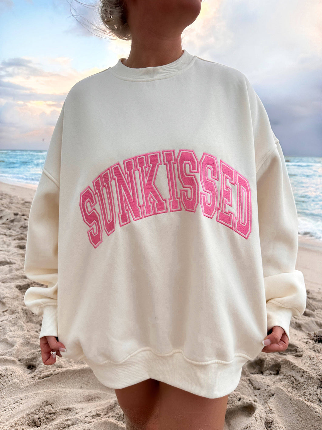 Sunkissed Coconut - Ivory and Hibiscus Pink Varsity Embroider Sweatshirt: Ivory / Small