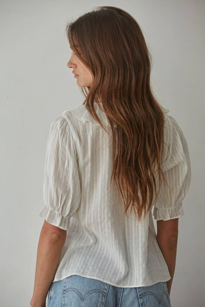 By Together - L8439 | Woven Cotton Buttondown V-Neck Short Sleeve Top: Off White / L