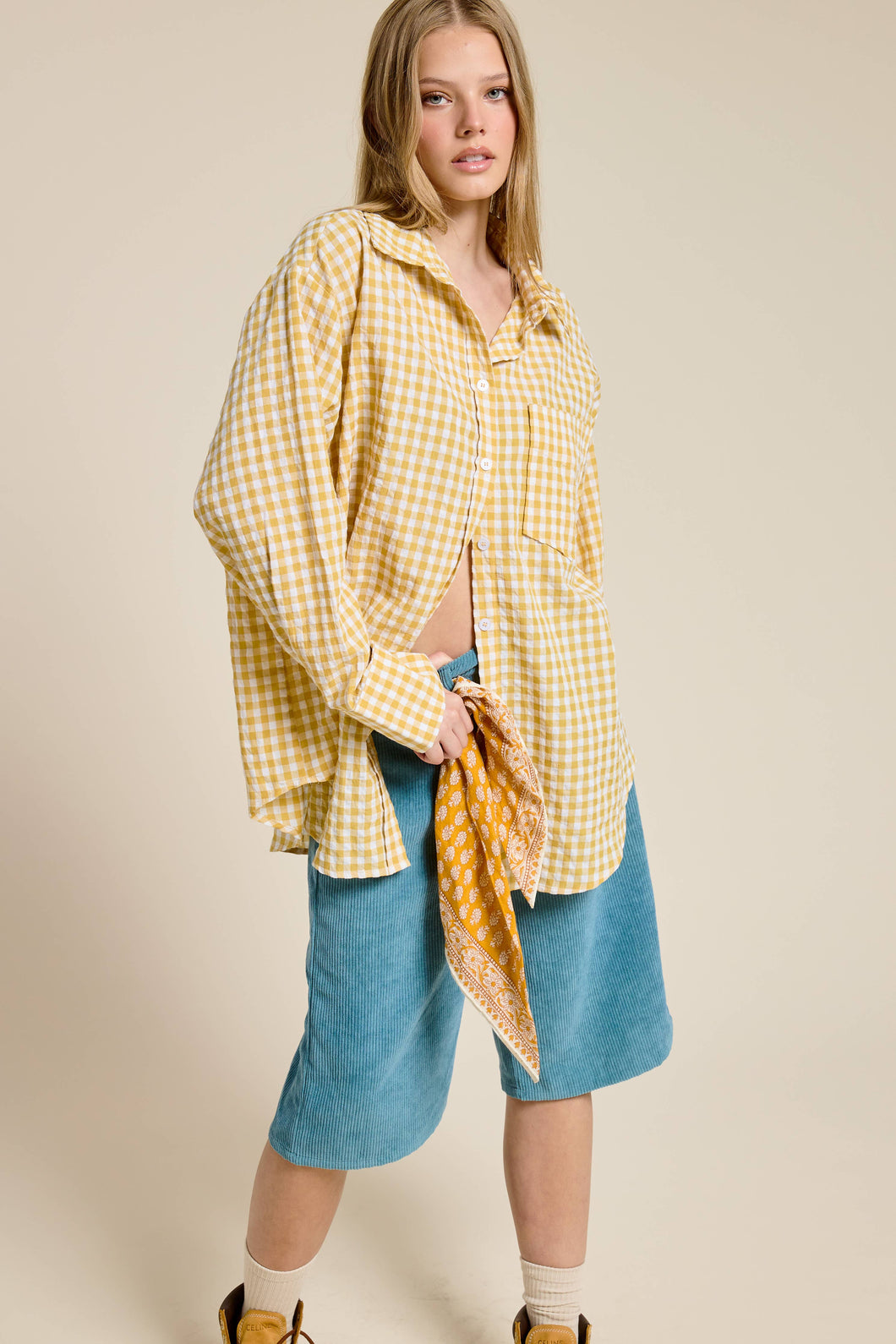 Oversized Gingham Gold Button Down