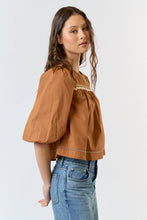 Load image into Gallery viewer, Lalavon - ILT4043-1 SCALLOPED PUFF SLEEVE BACK BUTTON BLOUSE TOP: M / CAMEL / 100% COTTON
