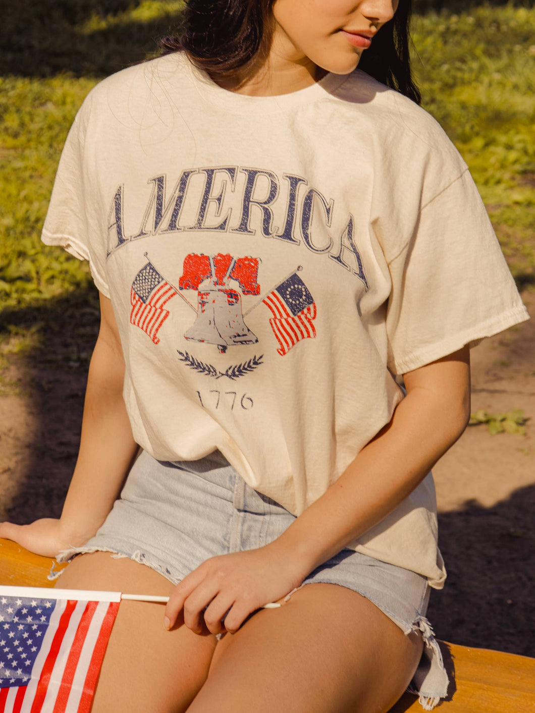 LivyLu - 4th of July American Bell Off White Thrifted Tee: S