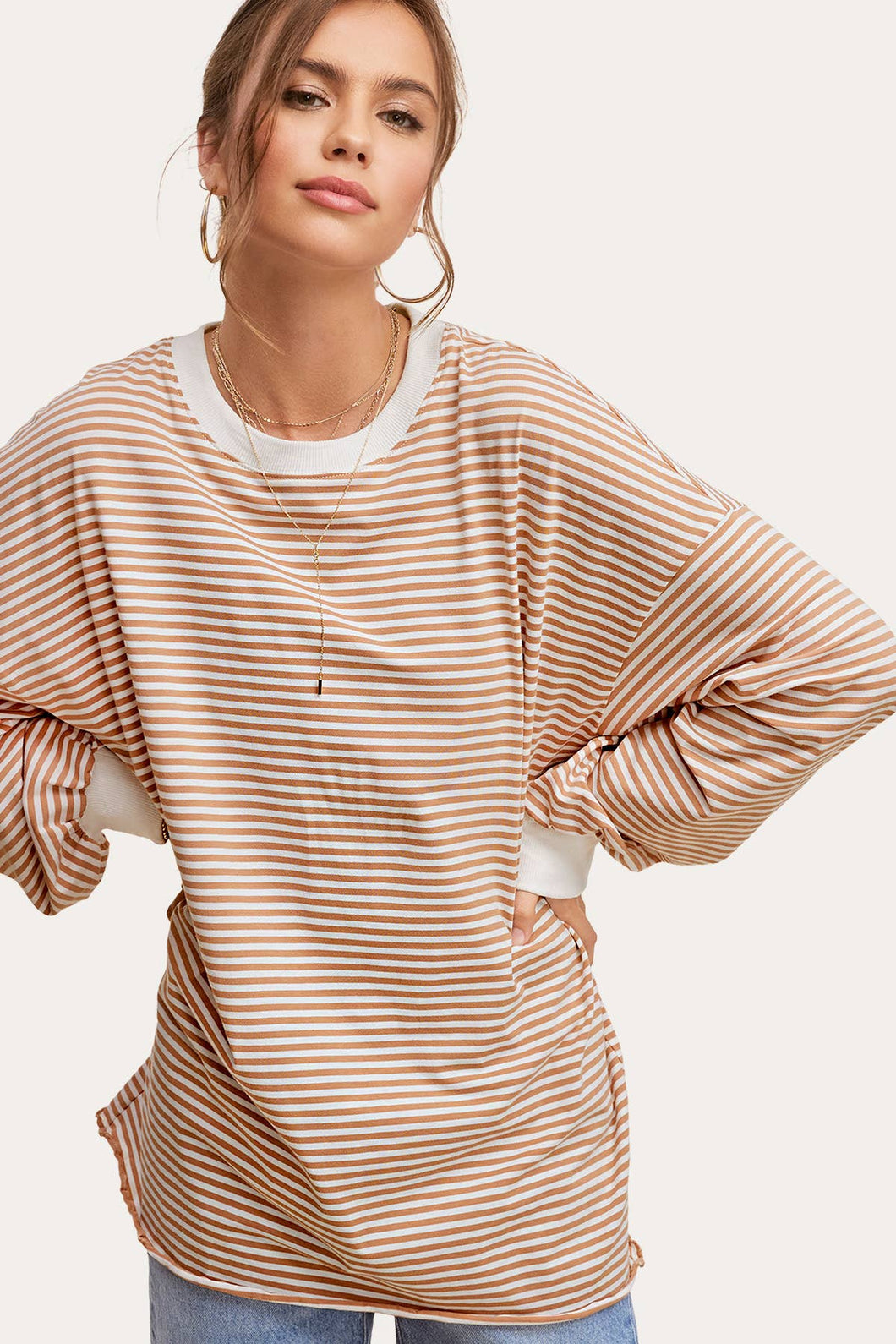 La Miel - MCT7678-Oversized Striped Long Sleeve Pullover Top: Latte / M