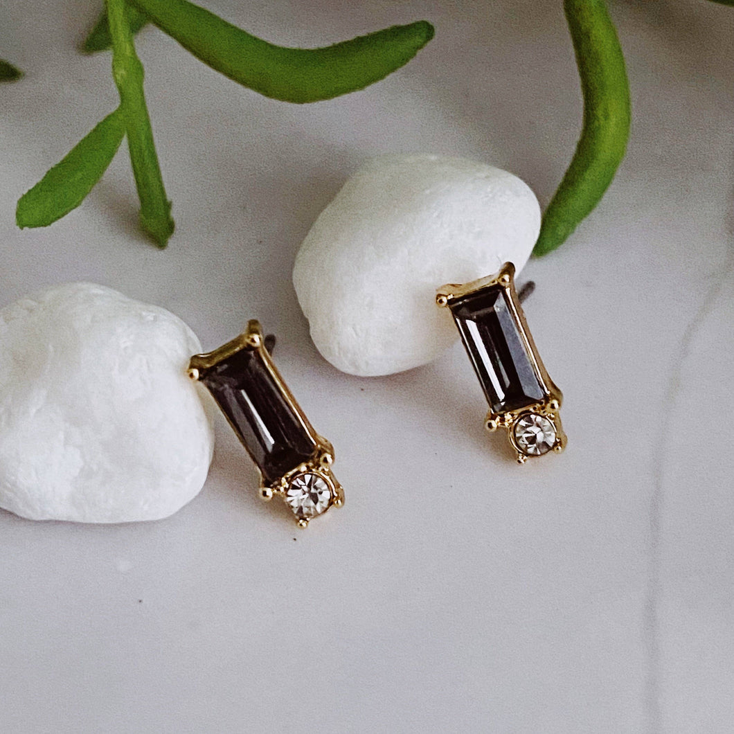 Baguette Cut Stone Stud Earrings: Black Diamond