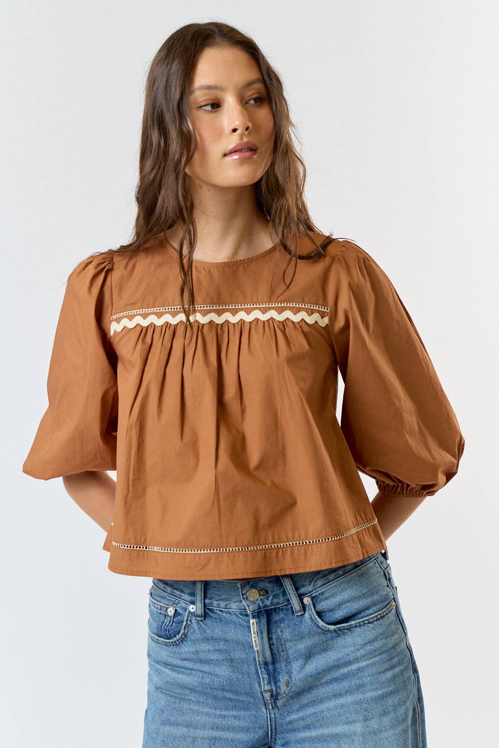 Lalavon - ILT4043-1 SCALLOPED PUFF SLEEVE BACK BUTTON BLOUSE TOP: S / CAMEL / 100% COTTON