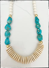 Load image into Gallery viewer, Turquoise Gemstone &amp; Tan Coconut Wood Bead Long Necklace
