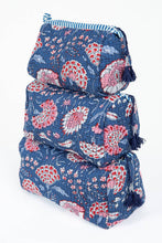 Load image into Gallery viewer, LA Soul - Blue Floral print Quilted Cotton Toiletry Bag Set
