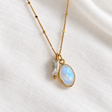 Load image into Gallery viewer, Aquamarine Quartz, Moonstone, CZ Baguette Necklace: Moonstone
