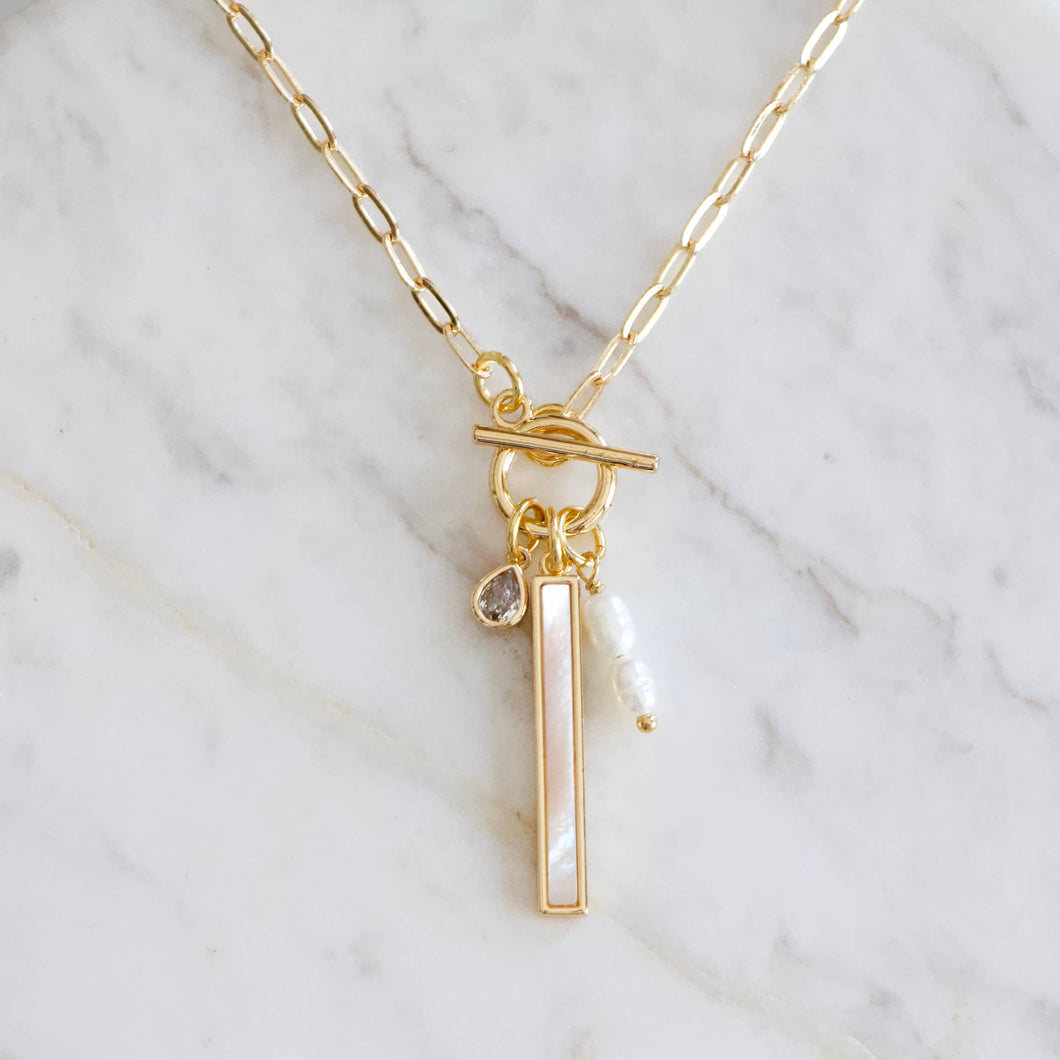CZ, Mother of Pearl, Freshwater Pearl,Charm Toggle Necklace 