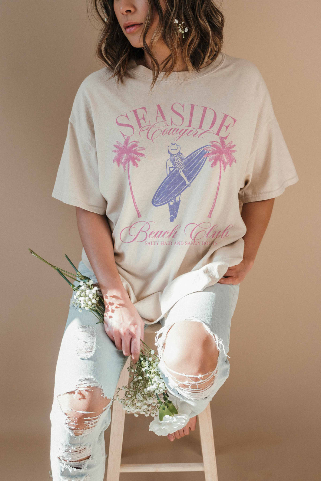 GOOD DAY STREET - [G1473X-OTS]-SEASIDE COWGIRL BEACH OVERSIZED GRAPHIC TEE: S/M / IVORY