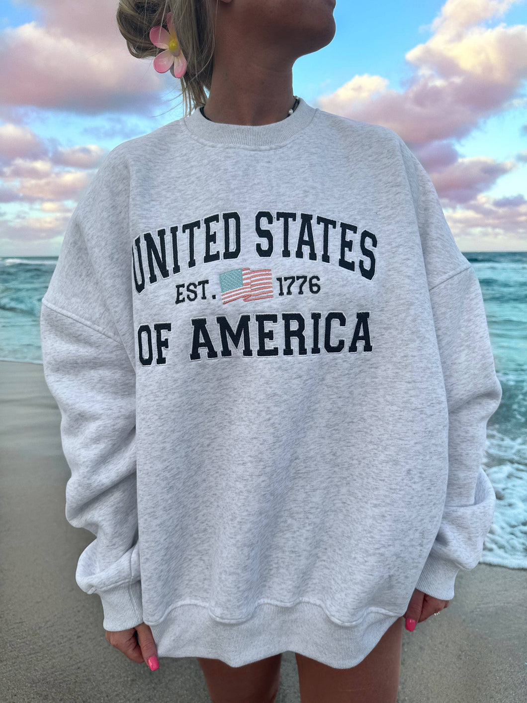 Sunkissed Coconut - UNITED STATES OF AMERICA EMBROIDER FLAG SWEATSHIRT: Large / PEARL GRAY